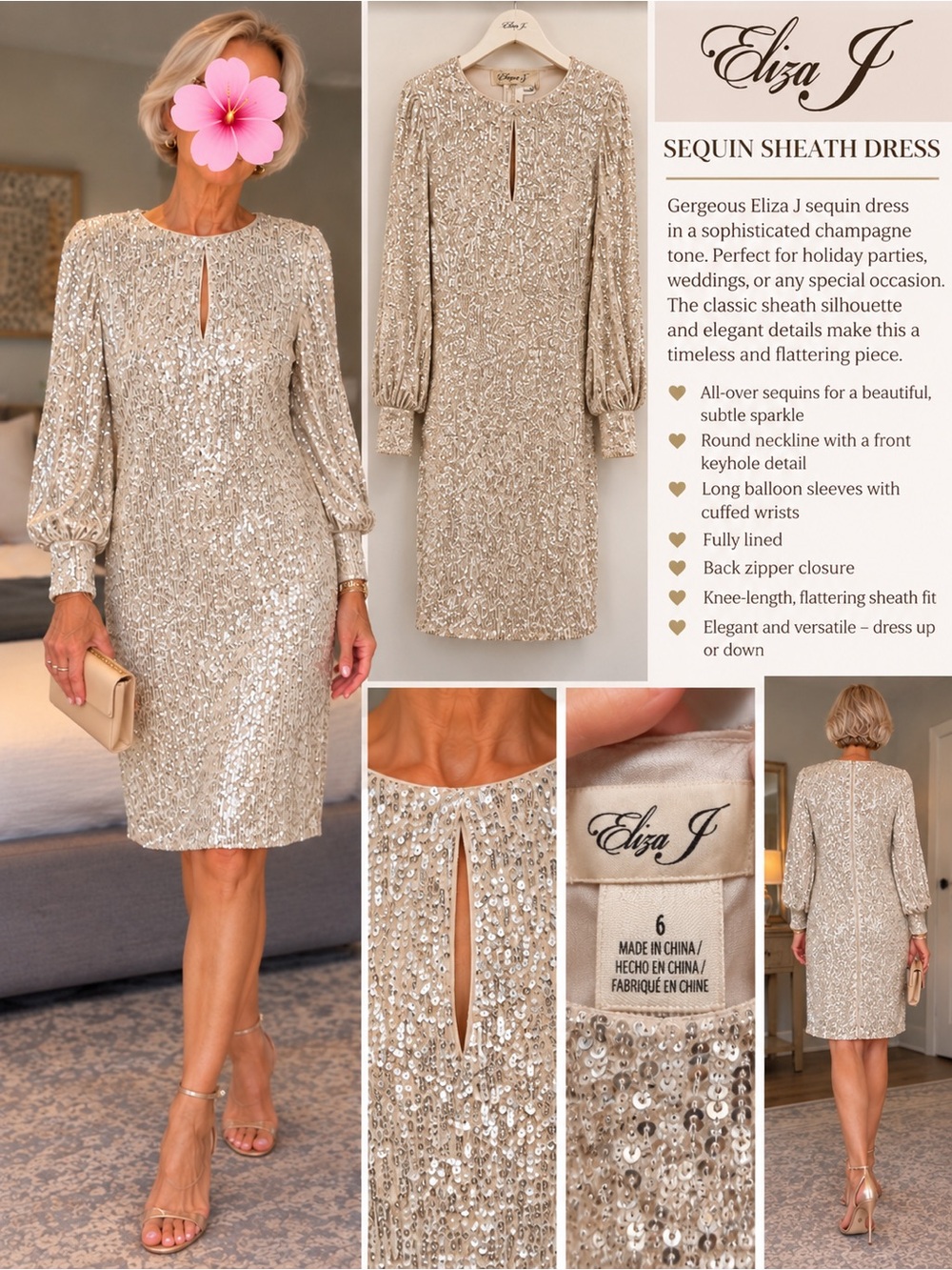 Eliza J Champagne Sequin Keyhole Sheath Dress with Balloon Sleeves